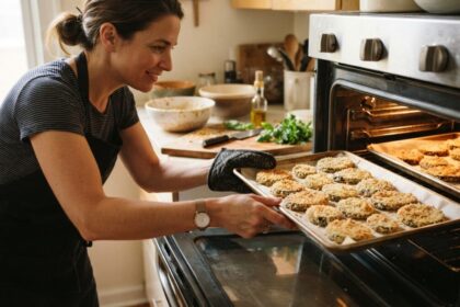 Em vez de fritar a berinjela por imersão, leve as fatias empanadas ao forno: elas ficam crocantes por fora, macias por dentro e usam bem menos óleo