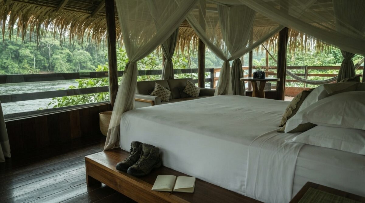 Lodge leva hóspedes para dormir na floresta amazônica
