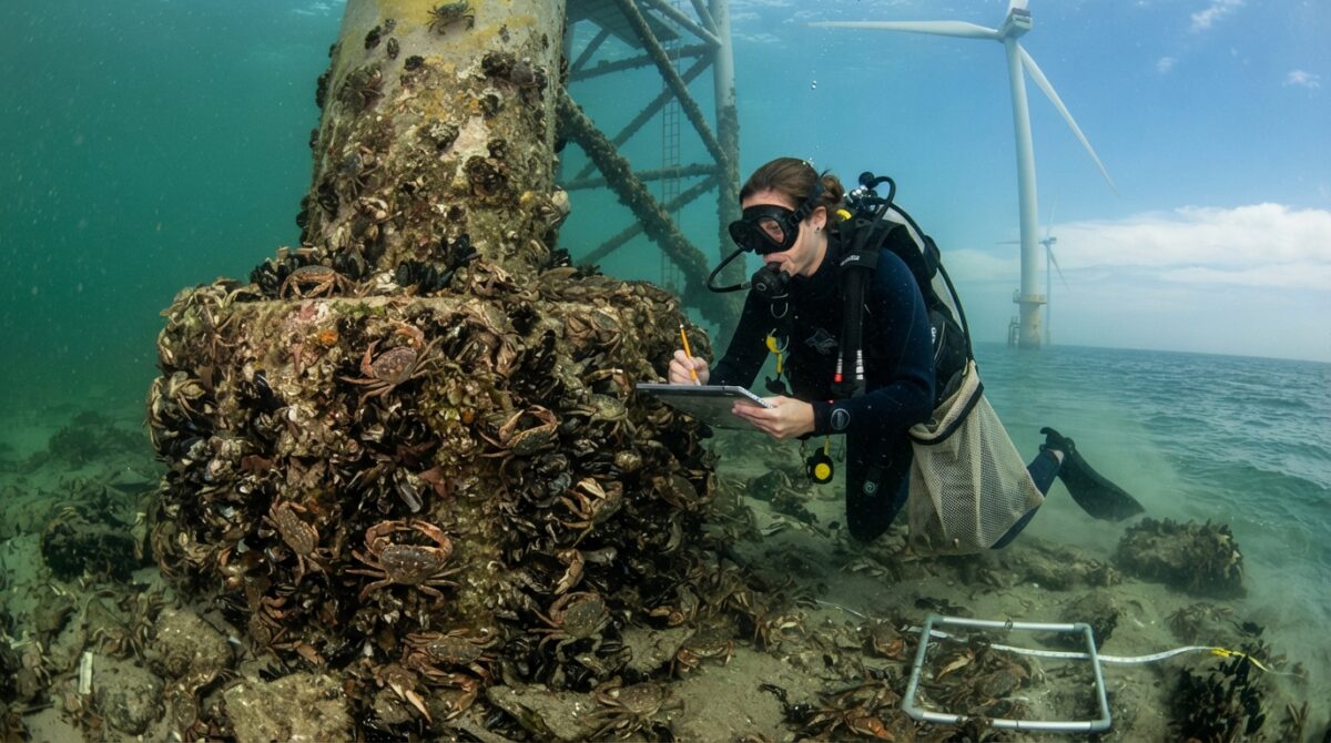 Turbinas eólicas no mar estão atraindo caranguejos em Rhode Island, mas cientistas ainda investigam se elas criam novos habitats ou apenas concentram os animais